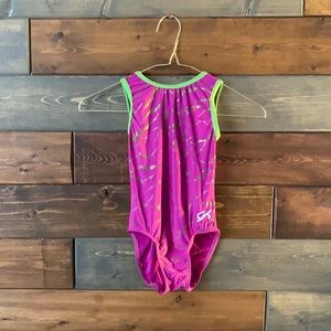 GK gymnastics leotard green and pink zebra pattern